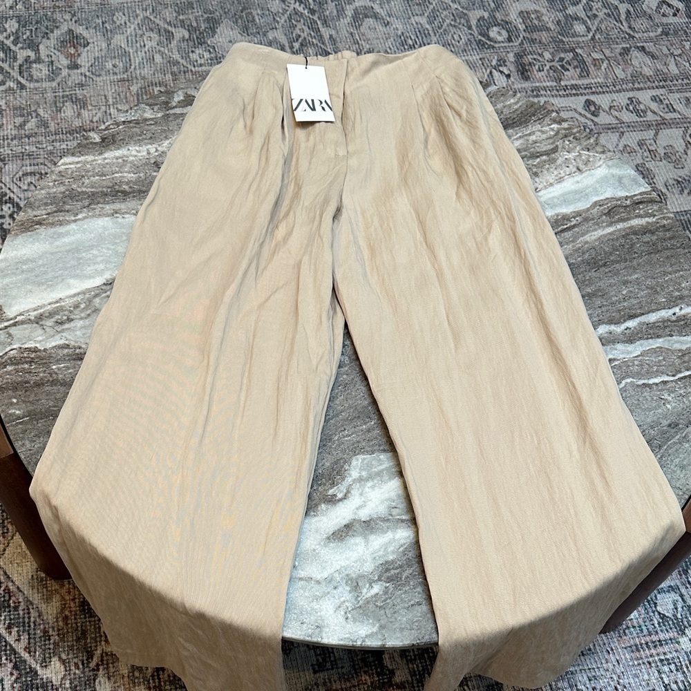 NWT Zara Wide Leg Pleated High Waist Elastic Waist Tan Trouser Pants Sz M